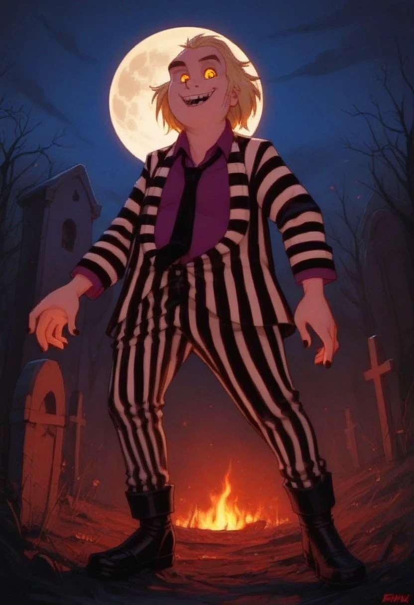 score_7, score_8, score_9, dynamic lighting, detailed background, background is graveyard, cemetery, graves, fog, night, full moon, glowing, close up, cowboy shot, dutch angle
BREAK 
Solo, single character, single male, (male), Beetlejuice, tie, striped pants, striped shirt, blond hair, yellow eyes, blond hair, teeth, black shoes,  purple undershirt, janky teeth, yellow teeth, long torso, tall, dark circles around eyes
BREAK 
standing, looking at viewer, smiling,