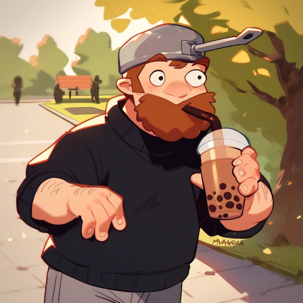 score_9_up, score_8_up, score_7_up, mikus-dave, brown hair, brown beard, frying pan on head, 1boy, solo, black sweater, gray shorts, park, holding, bubble tea