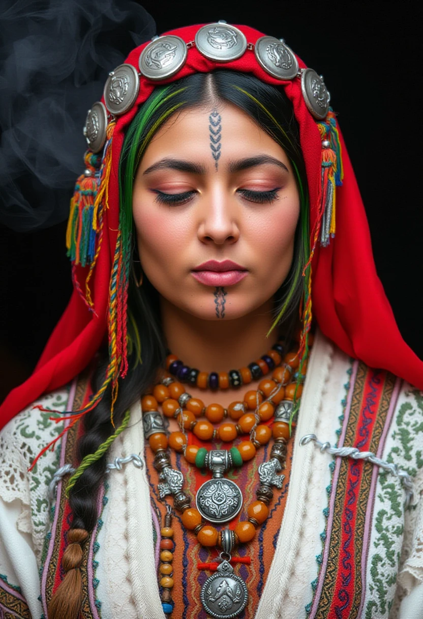 A young woman stands with her eyes closed, deeply immersed in a serene expression. She wears a traditional Moroccan Amazigh (Berber) outfit. Her vibrant red headscarf is adorned with intricate silver coins and colorful beads, which cascade down on either side. The scarf drapes over her braided hair, with green highlights interwoven. Tribal tattoos mark her forehead and chin, along with tattoos on her hands, adding to her cultural identity. She dons an embroidered white lace shawl over her shoulders, with layers of jewelry, including a large amber-colored necklace and a silver pendant. Her traditional Amazigh clothing is richly detailed, with colorful patterns, mostly in red, white, and gold. The lighting emphasizes her features, casting soft shadows around her, against a dark, moody background filled with light smoke or mist. Usham