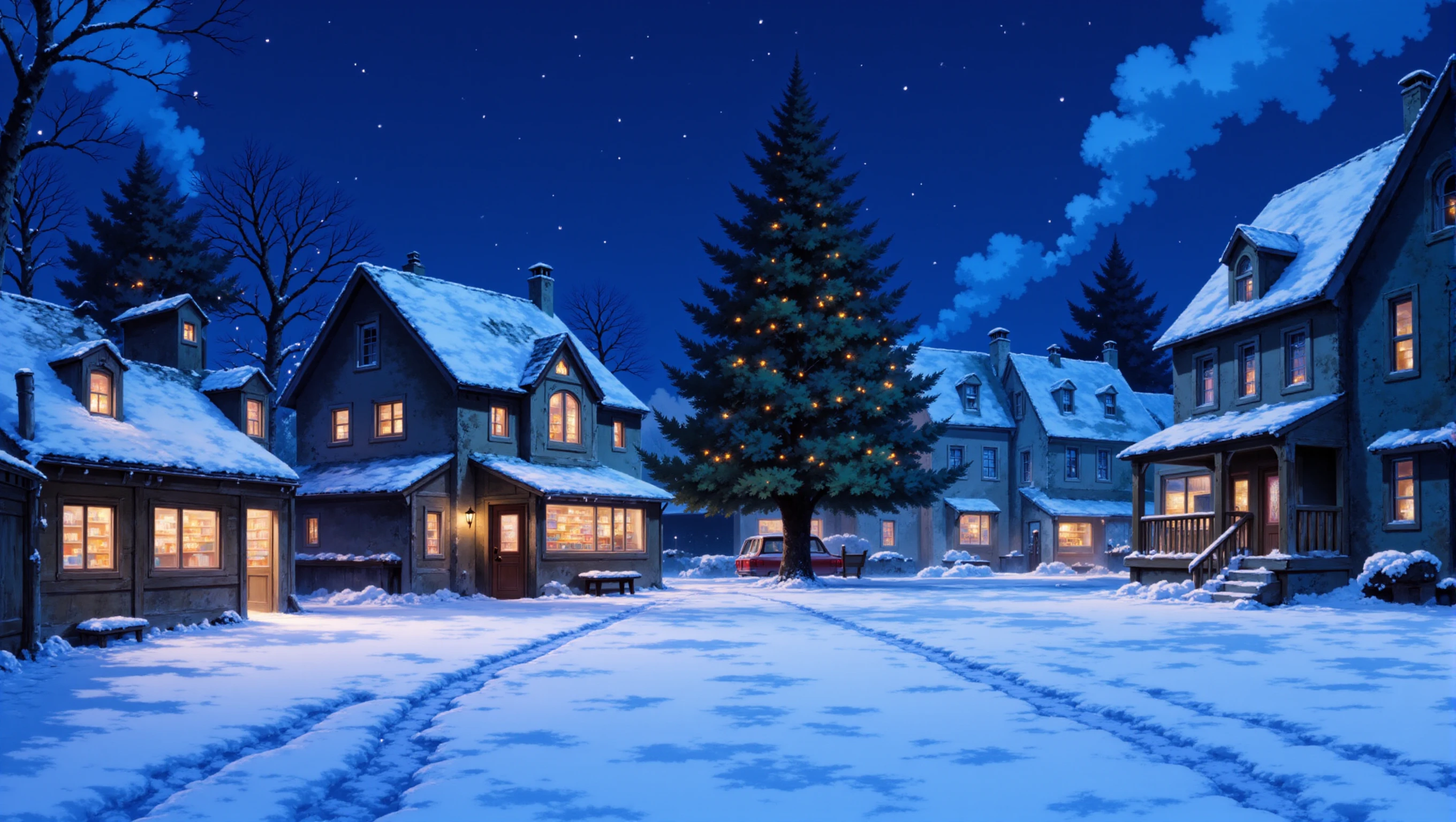 a cozyWallpaper style image of a small, cozy village blanketed in fresh snow. The houses are adorned with warm lights, and smoke drifts from chimneys into the cold evening air. The streets are quiet, with just a few footprints in the snow. In the center of the village, there's a large, decorated pine tree glowing with festive lights. The sky is darkening, with stars beginning to appear, and the whole scene feels peaceful and inviting.  <lora:cozyWallpaper flux_epoch_18:1>