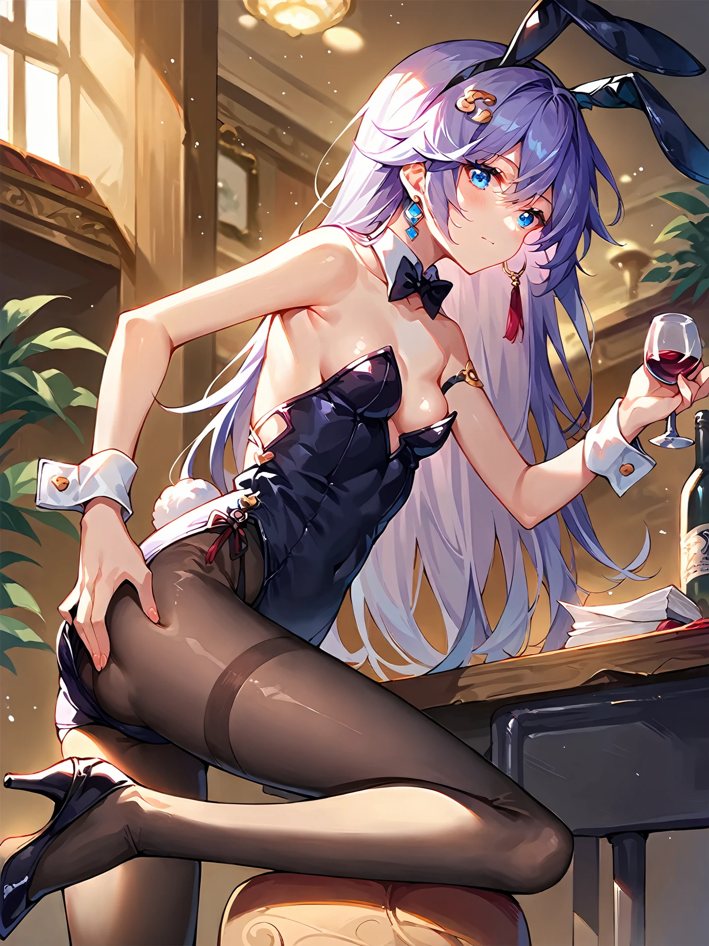 score_9, score_8_up, score_7_up, source_anime, 1girl, solo, <lora:Fu Hua_Azure Empyrea_Pony_v1:0.9>, Fu Hua(AE), hairpin, single earring, indoors, bunnysuit, wine, pantyhose, rabbit ears, holding goblet, desk, small breasts, high heels,