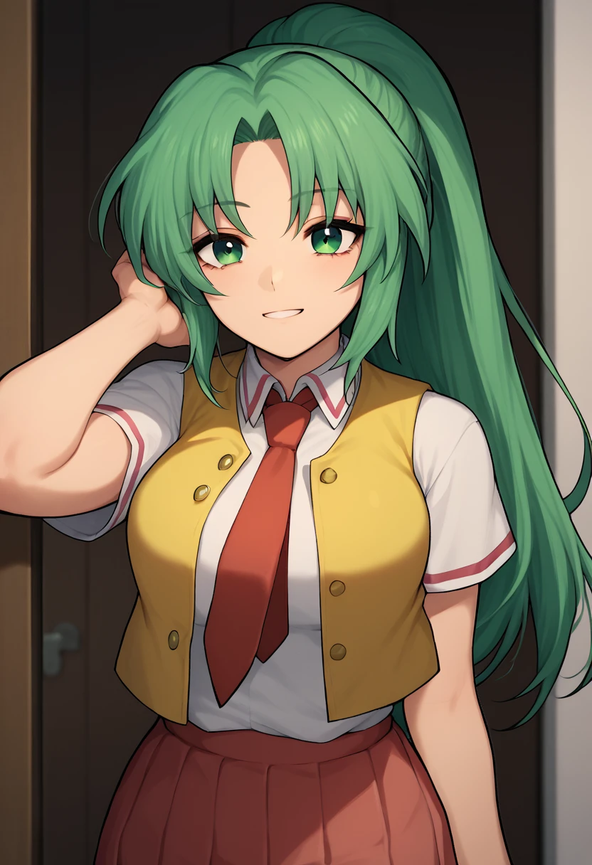 score_9, score_7_up, 1girl,   <lora:Afrobull style-000047:1> <lora:MionCAME2:1> Mion Sonozaki, green eyes, ponytail, green hair, white shirt, red necktie, yellow vest, red skirt, looking at viewer,