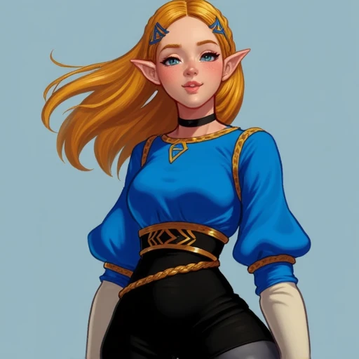 zelda, a woman in a blue top and black pants