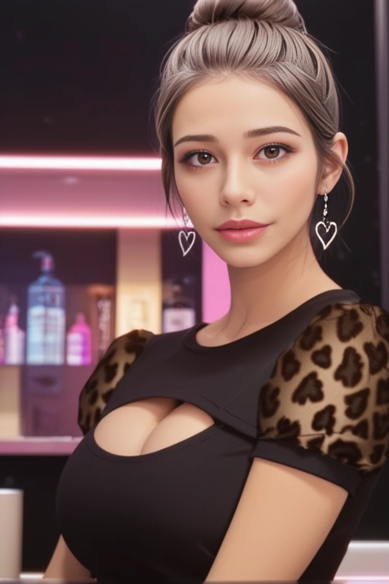 Ha1rdr3ss3r, score_9, score_8, score_7, source_anime, an image of Ha1rdr3ss3rDove woman, heart earrings, black dress, cleavage cutout, leopard print short sleeves, bun, looking at viewer, beautiful smile, pov, from side, inside a hair salon, late at night, <lora:Ha1rdr3ss3rDove:1>, zPDXL2, sfw