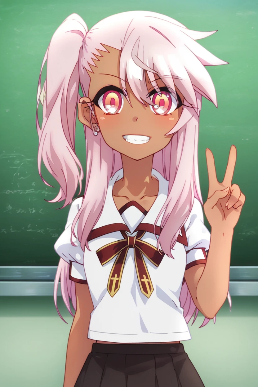 score_9, score_8_up, score_8, medium breasts, (curvy), cute, eyelashes,      rating safe,   BREAK,  (v), 1girl, solo, long hair, looking at viewer, smile, skirt, shirt, red eyes, ribbon, school uniform, white shirt, pink hair, short sleeves, dark skin, black skirt, dark-skinned female, one side up, chalkboard, homurahara academy school uniform, chloe von einzbern    ,,, embedding:zPDXL, Expressiveh,  <lora:PrismaIllya_PDXL_v3:1.0> <lora:SDXLFaeTastic2400:0.5>,  <lora:Expressive_H-000001:0.4>,