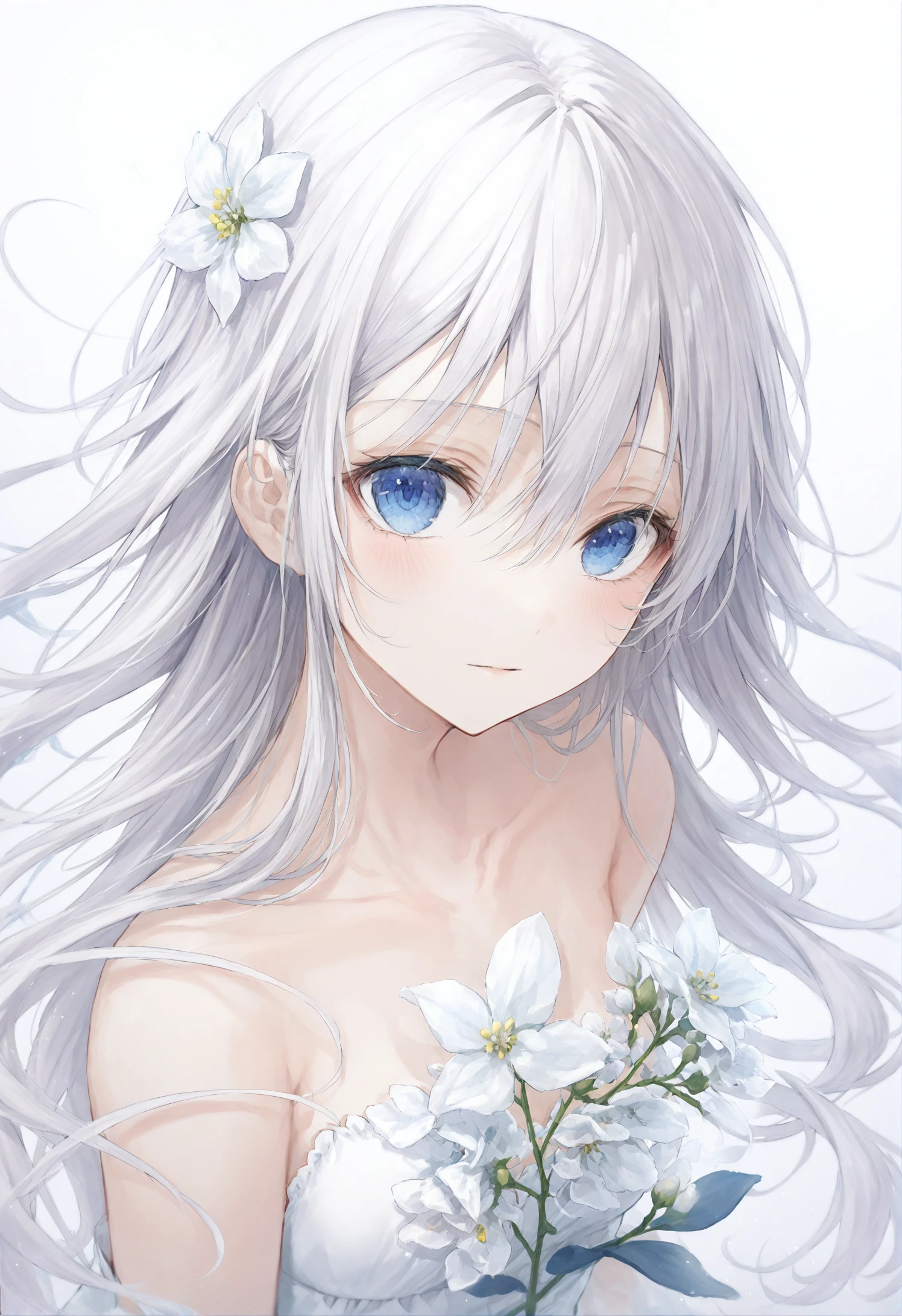 masterpiece, best quality, solo, 1girl, flower, long hair, looking at viewer, blue eyes, hair between eyes, white background, portrait, simple background, floating hair, white flower, white hair 
 <lora:RohaXLlokr4f-000176:0.95>