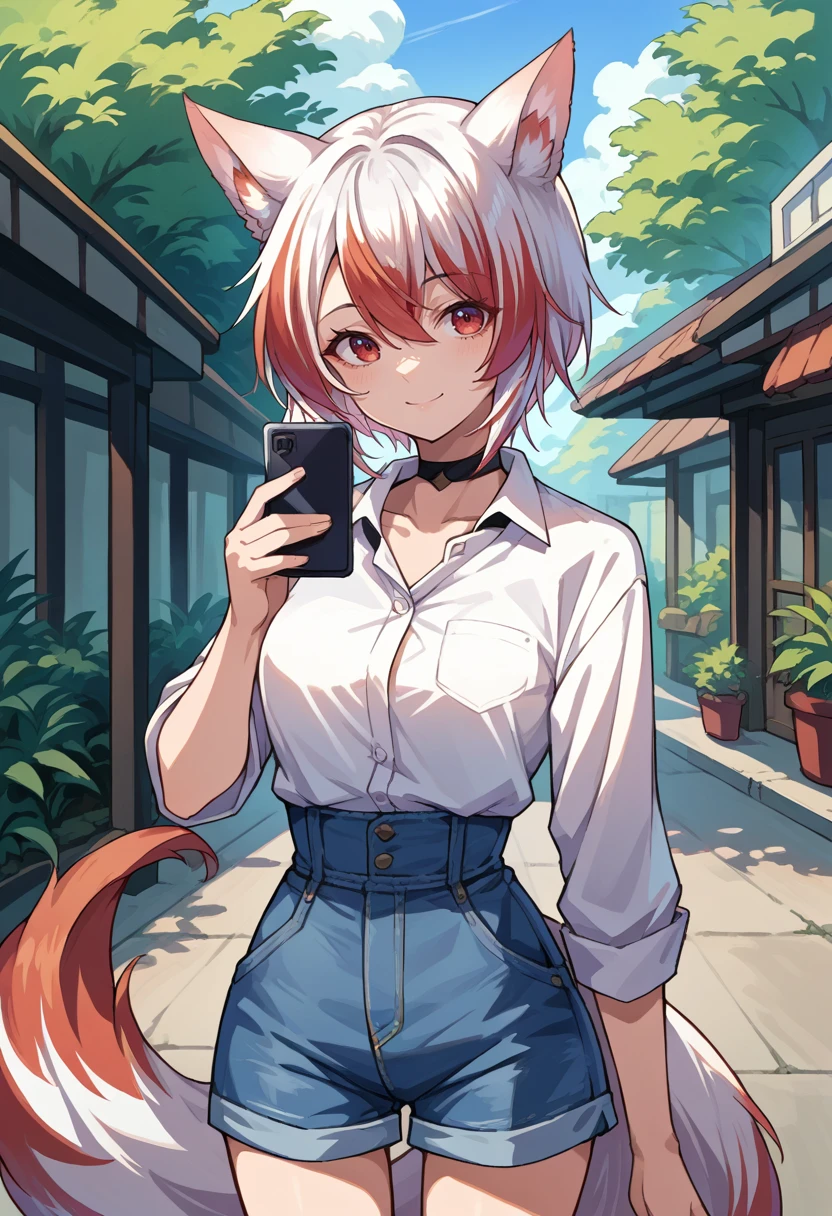 score_9, score_8_up, source_anime, 1girl, solo, KohakuSyusetsu, multicolored hair, animal ears, tail, short hair, white shirt, dress shirt, black choker, holding cellphone, denim shorts, high-waist shorts, outdoors, smile, <lora:ChamKohakuSyusetsuPonyXL:1>