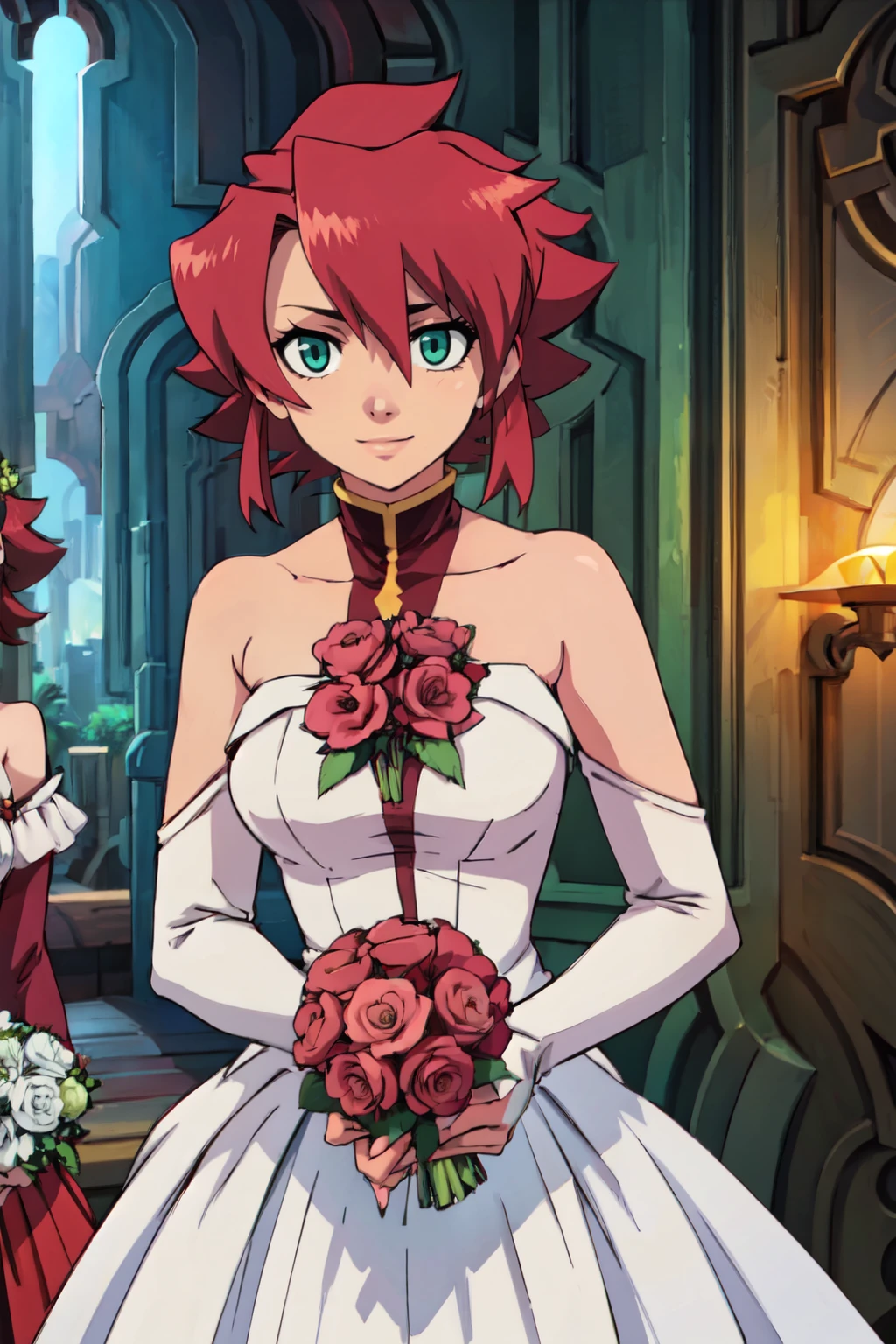 ((masterpiece,best quality)), absurdres,  BREAK, , <lora:Chiaia_Flan_Tenchi:0.8>, Chiaia_Flan_Tenchi,  1girl, solo, red hair, short hair, green eyes, BREAK, bride, wedding dress, bridal veil, strapless dress, elbow gloves, holding bouquet,, BREAK, solo, smile, looking at viewer, cowboy shot,