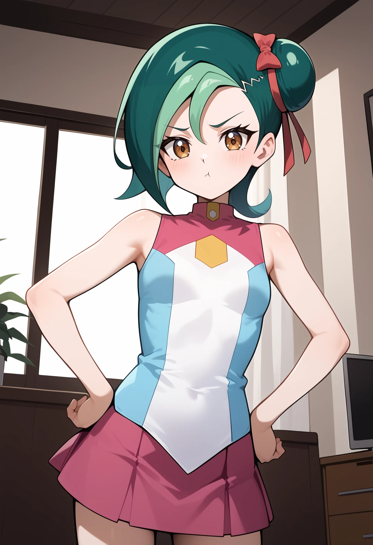 score_9, score_8_up, score_7_up, score_6_up, score_5_up, score_4_up, source_anime, aakotori, short hair, multicolored hair, green hair, single hair bun, hair ribbon, brown eyes, small breasts, bare shoulders, sleeveless shirt, multicolored shirt, blue shirt, pink skirt, <lora:mizuki_kotori_(yu-gi-oh!)_ponyxl_v1:0.9>, pout, hands on own hips, standing, room, indoors,