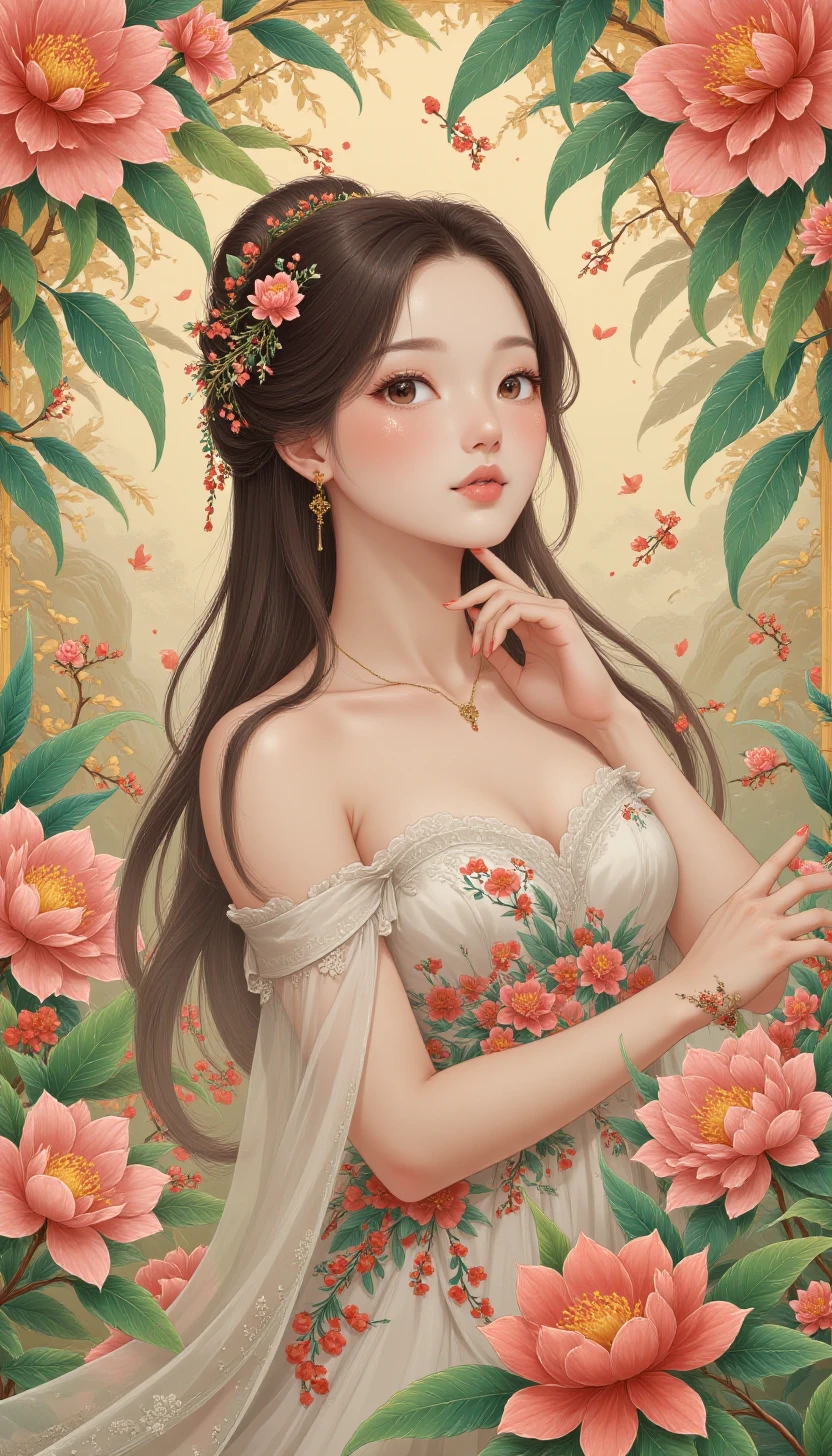 p1nkch1n3s3styl3, Portrait of a pretty fairy, Leaves, Flowers, Petals, Pastel Pink, art nouveau style, floral background, vintage style