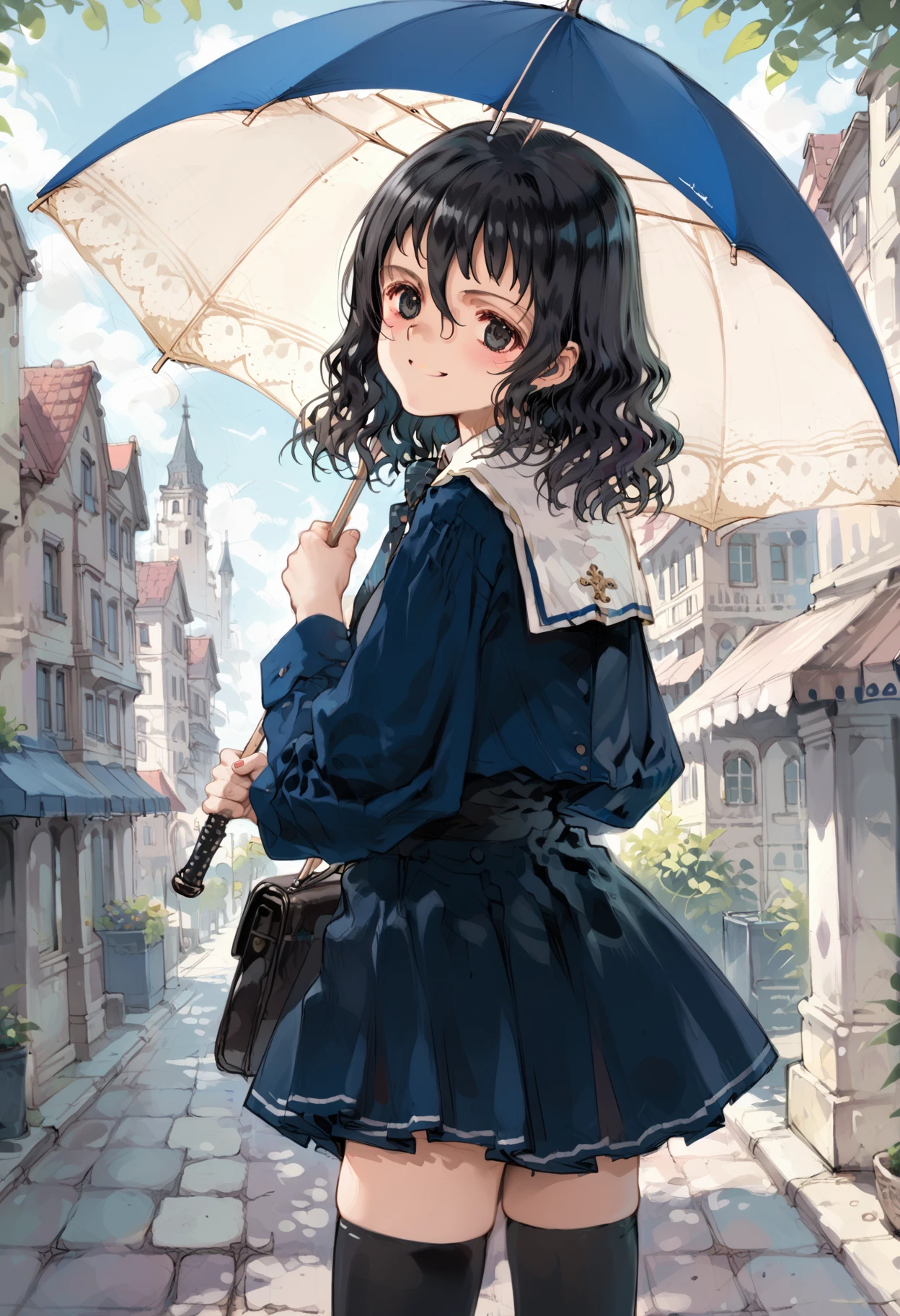 score_9,score_8_up,score_7_up,source_anime,masterpiece,best quality,perfect anatomy,very aesthetic,absurdres,1girl,
<lora:thouka_p_v1.1:1>,thouka,black hair,black eyes,hair between eyes,necktie,blouse,blue dress,pencil_skirt,black_thighhighs,loafers,<lora:Fixhands_anime_bdsqlsz_V1:1>,light_blush,cinematic_angle,looking_at_viewer,city,kind_smile,standing,umbrella,dress,holding umbrella,smile,looking at viewer,holding,looking back,, masterpiece,best quality, very aesthetic, absurdres, ultra detailed, high resolution, 4k, extremely detailed CG,