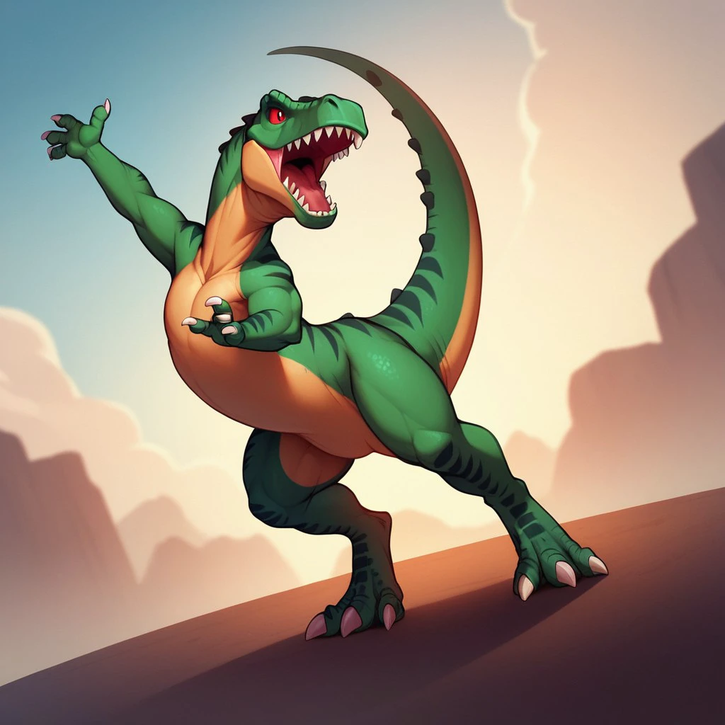 score_9, score_8_up, score_7_up, score_6_up, source_furry, Sharptoothlbt, feral, male, Tyrannosaurus, theropod, dinosaur, scalie, green skin, red eyes, red sclera, dancing, <lora:cbd5649f-12a9-49eb-8f5e-d6343822b051:0.7>