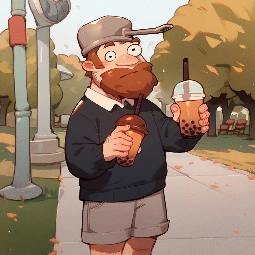 score_9_up, score_8_up, score_7_up, mikus-dave, brown hair, brown beard, frying pan on head, 1boy, solo, black sweater, gray shorts, park, holding, bubble tea