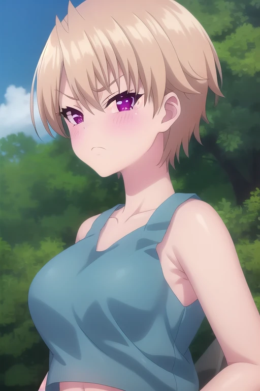 ((masterpiece)),(best quality),official art,extremely delicate and beautiful,extremely detailed CG,unity 8k wallpaper,ultra detailed,beautiful detailed eyes,extremely detailed face,outdoors,1girl,solo,upper body,(portrait:1.5),looking at viewer,facing viewer,frown,v-shaped eyebrows,blush,Haruki Azuma,short hair,blonde hair,shiny hair,hair between eyes,bangs,purple eyes,bare shoulders,collarbone,blue tank top,navel,large breasts,black shorts,short shorts,brown pantyhose,legwear under shorts,sneakers,<lora:Haruki Azuma(hc):1.8>,