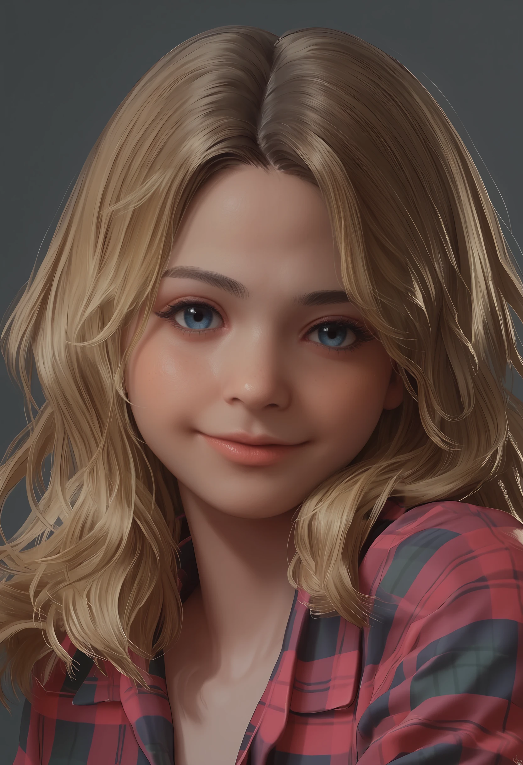 score_9, score_8_up, score_7_up, score_6_up, score_5_up, score_4_up, 1girl, <lora:BeccaWoolettRER:0.8> solo, blue eyes, wavy hair, blonde hair, long hair, looking at viewer, close-up, face focus, smile, plaid shirt, 
simple background,