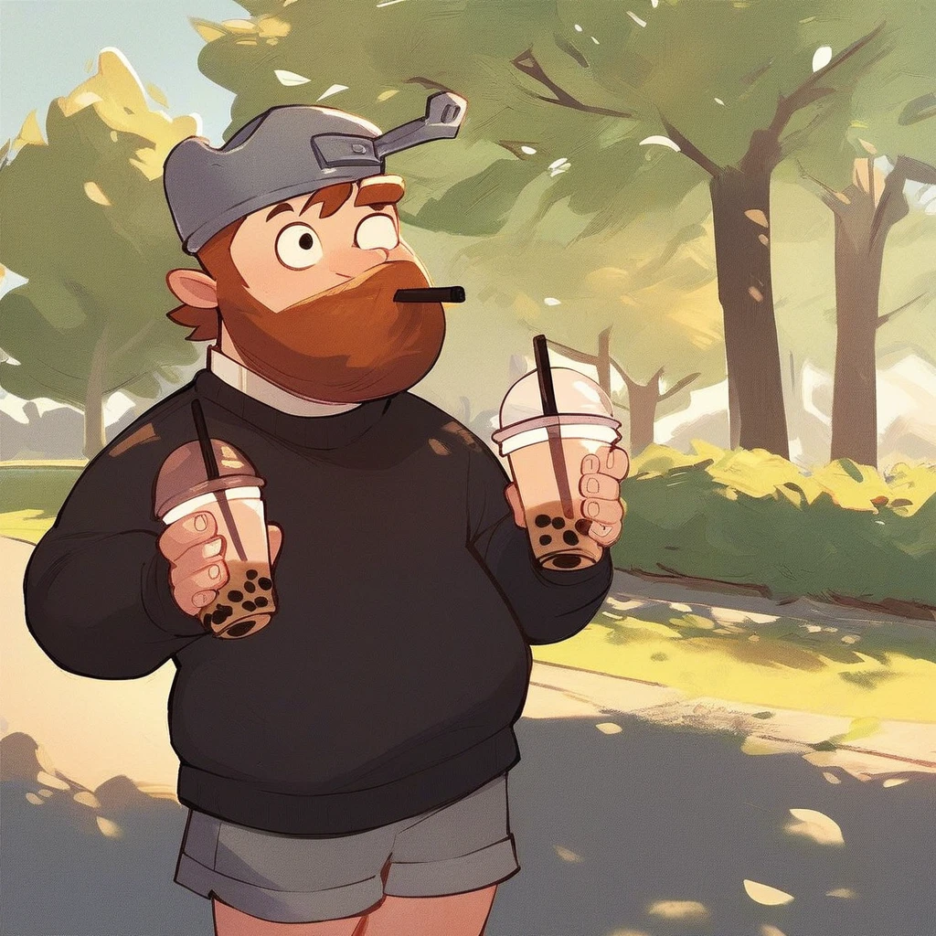 score_9_up, score_8_up, score_7_up, mikus-dave, brown hair, brown beard, frying pan on head, 1boy, solo, black sweater, gray shorts, park, holding, bubble tea