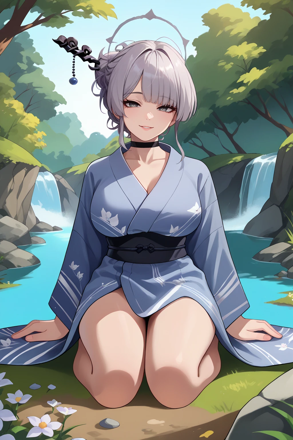 score_9, score_7_up, source_anime, cowboy shot, looking at viewer, smile, kvki, grey hair, grey eyes, grey halo, single hair bun, hair stick, large breasts, black choker, yukata, sitting, kneeling, outdoors, stream, nature, flower, <lora:Hoseki_ProjectKV_KaoruItokonoue_PDXL_v1:1>