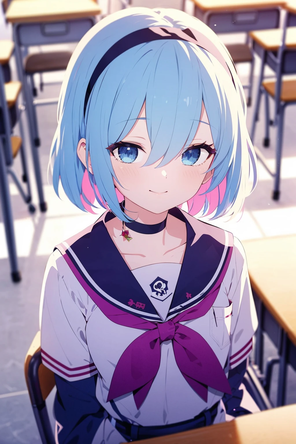 masterpiece,best quality,1girl,arona (blue archive),solo,blue eyes,desk,school desk,smile,white choker,blue hair,hair over one eye,looking at viewer,multicolored hair,pink hair,choker,school uniform,braid,white sailor collar,classroom,chair,school chair,sailor collar,hairband,blurry,serafuku,blush,closed mouth,halo,blue shirt,short hair,upper body,