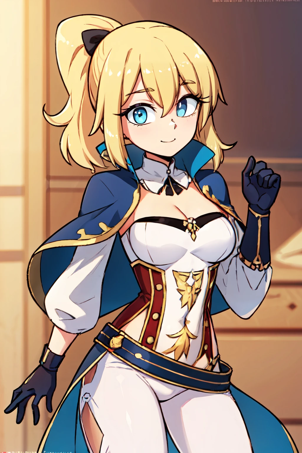 ((masterpiece,best quality)), absurdres,  <lora:TobiasWhellerStyle:0.8>, BREAK,   <lora:Jean_Genshin:0.8>, zzJean, blonde hair, ponytail, long hair, blue eyes, sidelocks, hair between eyes, hair bow, gloves, belt, capelet, cleavage, pants, white pants, detached sleeves, detached collar,, BREAK, hip to the side, contrapposto,, BREAK, solo, smile, looking at viewer, cowboy shot,