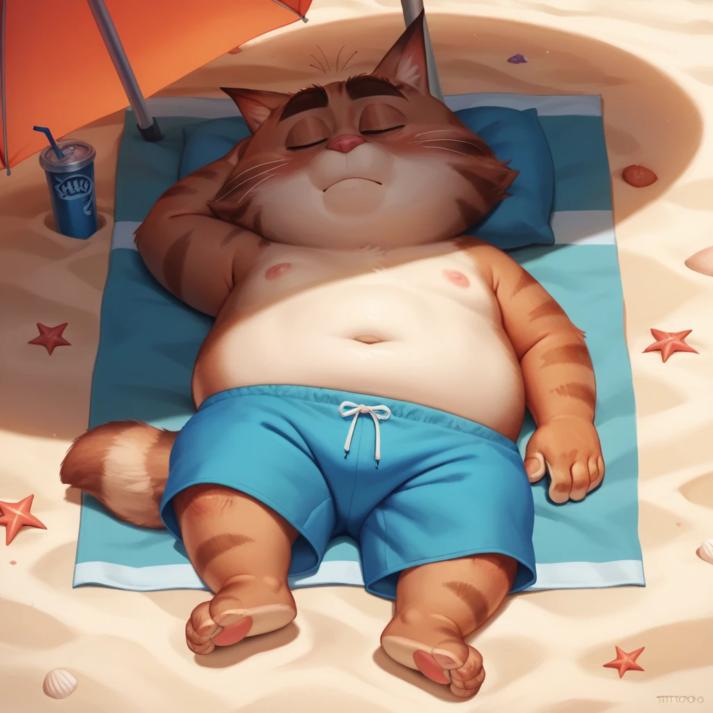 score_9, score_8_up, score_7_up, score_6_up, highres, <lora:jerry-v1-18:1> stwojerry, cat man, 1boy, lying, (sunset), blue shorts, beach, under umbrella, sleeping, fat