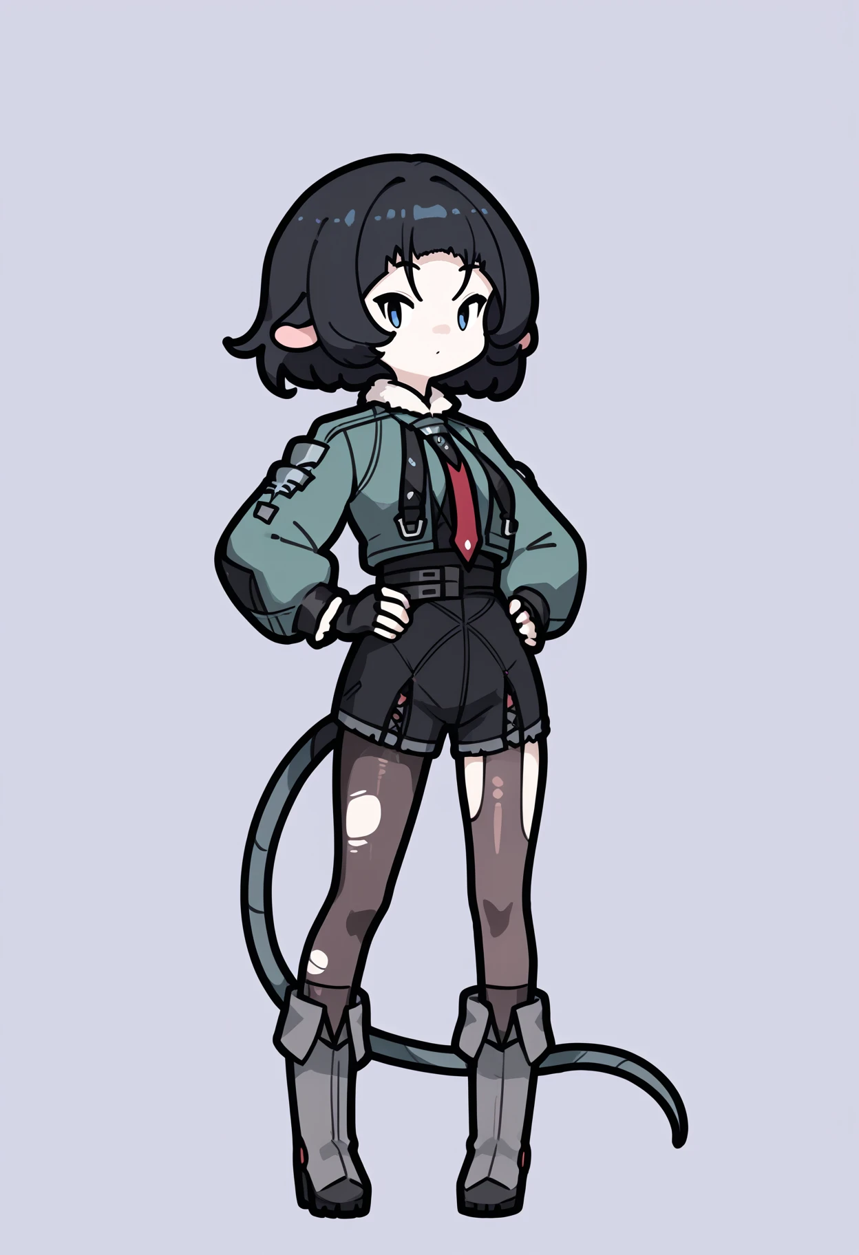 score_9, score_8_up, score_7_up, score_6_up, score_5_up, score_4_up, BREAK
1girl, mouse ears, chibi,
janedoe, bangs, black hair, blue eyes, medium hair,
tail, 
fur-trimmed jacket, green jacket, high-waist black shorts, long sleeves, red necktie, belt, grey boots, fingerless gloves, single leg pantyhose, torn pantyhose, torn thighhighs,
hands on hips, standing, full body, solo, looking at viewer, simple background, white background    <lora:RabbitAndSteelXLLocon:1> <lora:JaneDoeXL_byKonan:1>