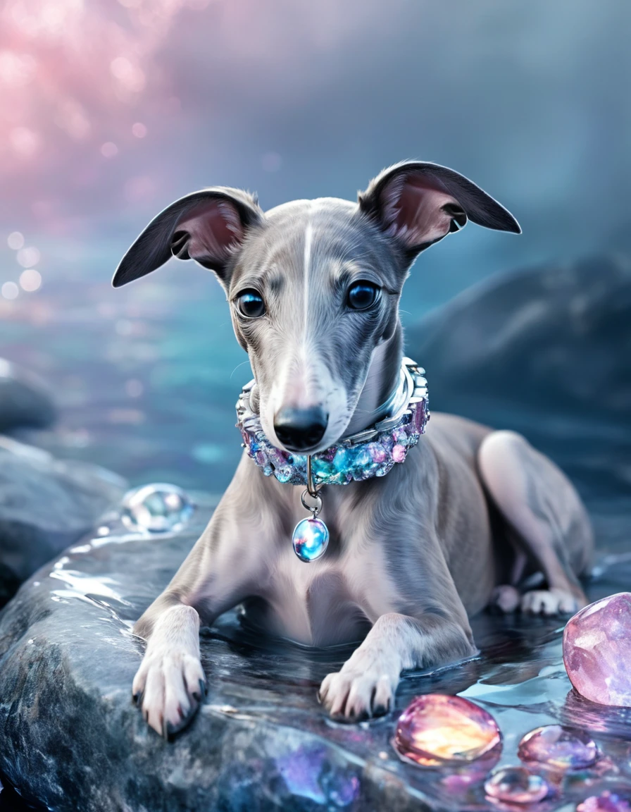 novuschroma84 style greyhound puppy wearing a collar on a magical floating rock  <lora:novuschroma84 style:1>