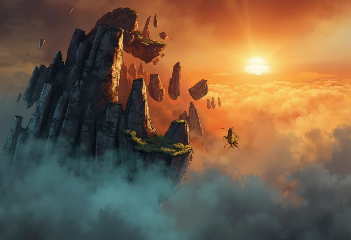 dragon hunters, epic floating rock formations, molten lava, ash, god rays, sunrise, fog