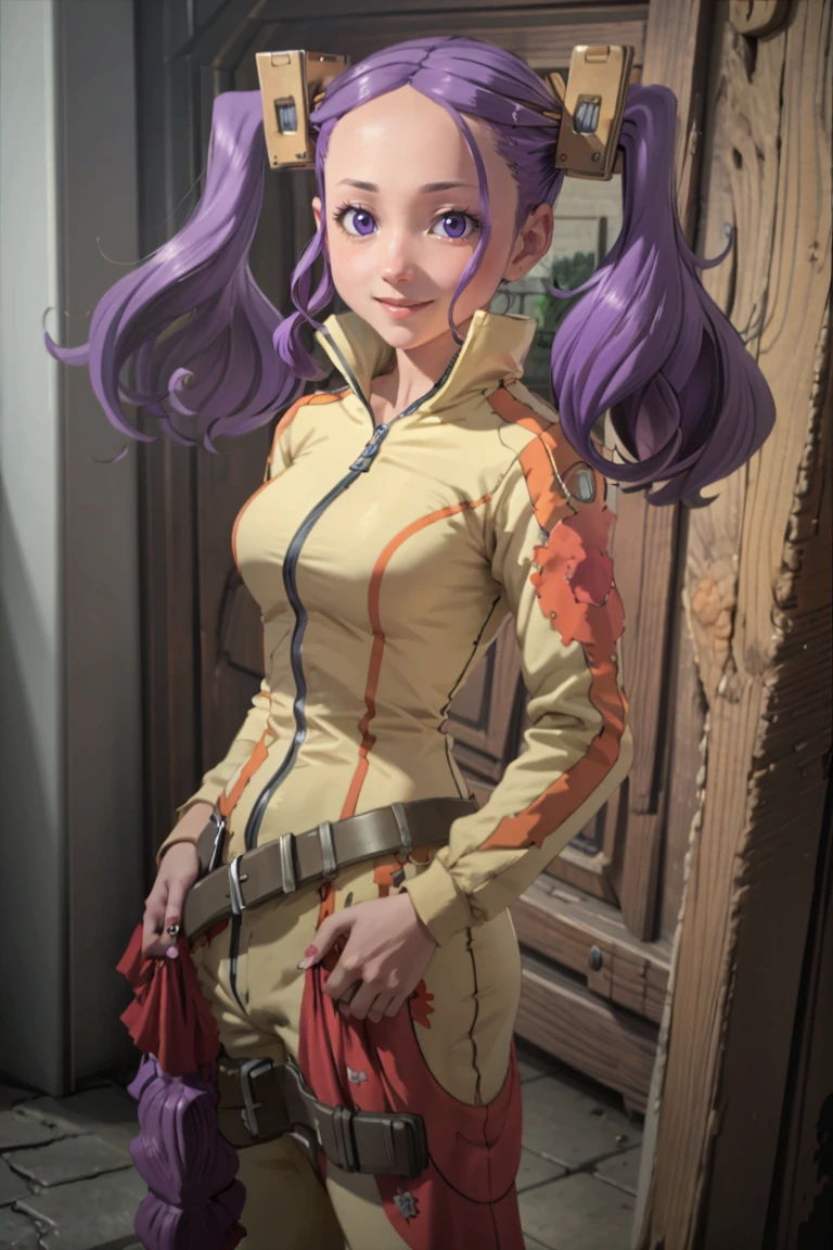 ((masterpiece,best quality)), absurdres, <lora:Wahanly_Shume_Tenchi:0.8>, Wahanly_Shume_Tenchi,  1girl, solo, long hair, purple hair, twintails, purple eyes, hair ornament, belt, jumpsuit,  solo, smiling, looking at viewer, cowboy shot,