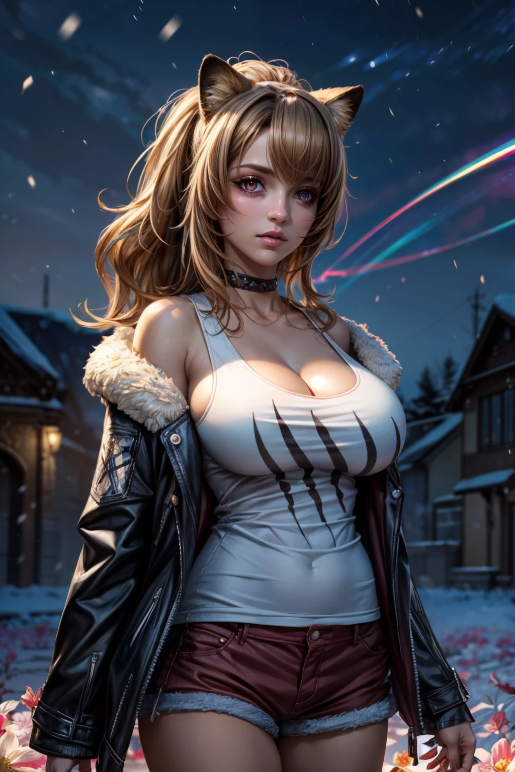 (ultra realistic,32k, masterpiece:1.2),(high detailed skin:1.1),( high quality:1.1), <lora:IllyasvielVonEinzbern_v1:0.7>, zzIllya, looking at viewer, night, outdoors, snowing, sky, BREAK,   <lora:Siege_Arknights:0.8>,  zzsiege, black jacket, fur-trimmed jacket, cleavage, black choker, white tank top, short shorts, lollipop, collarbone, red shorts     BREAK,  blooming stars, luminescent petals, otherworldly fragrance blurry background, (looking at viewer, standing:1.1), huge breast, large breast, <lora:add_detail:0.92>, (glowwave:1.1),