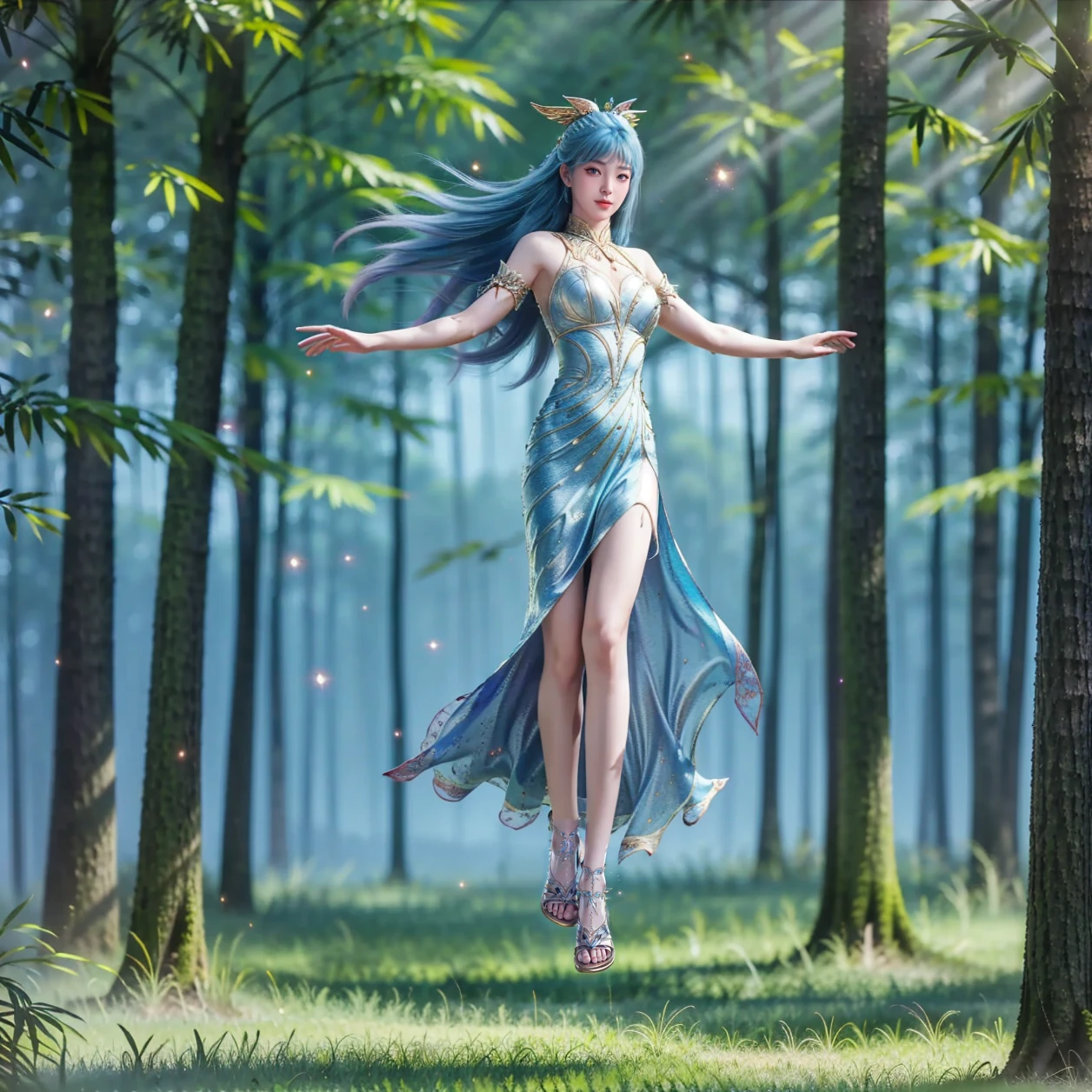 1girl,solo,long hair,blue hair,blue eyes,hair ornament,jewelry,dress,feet,toes,sandals,(levitation on air),looking at viewer,forest,blurry,glowing particles,(full body),Highly detailed,(ultra-detailed),(best quality,masterpiece:1.5),<lora:dlld-wangdong:0.7>,