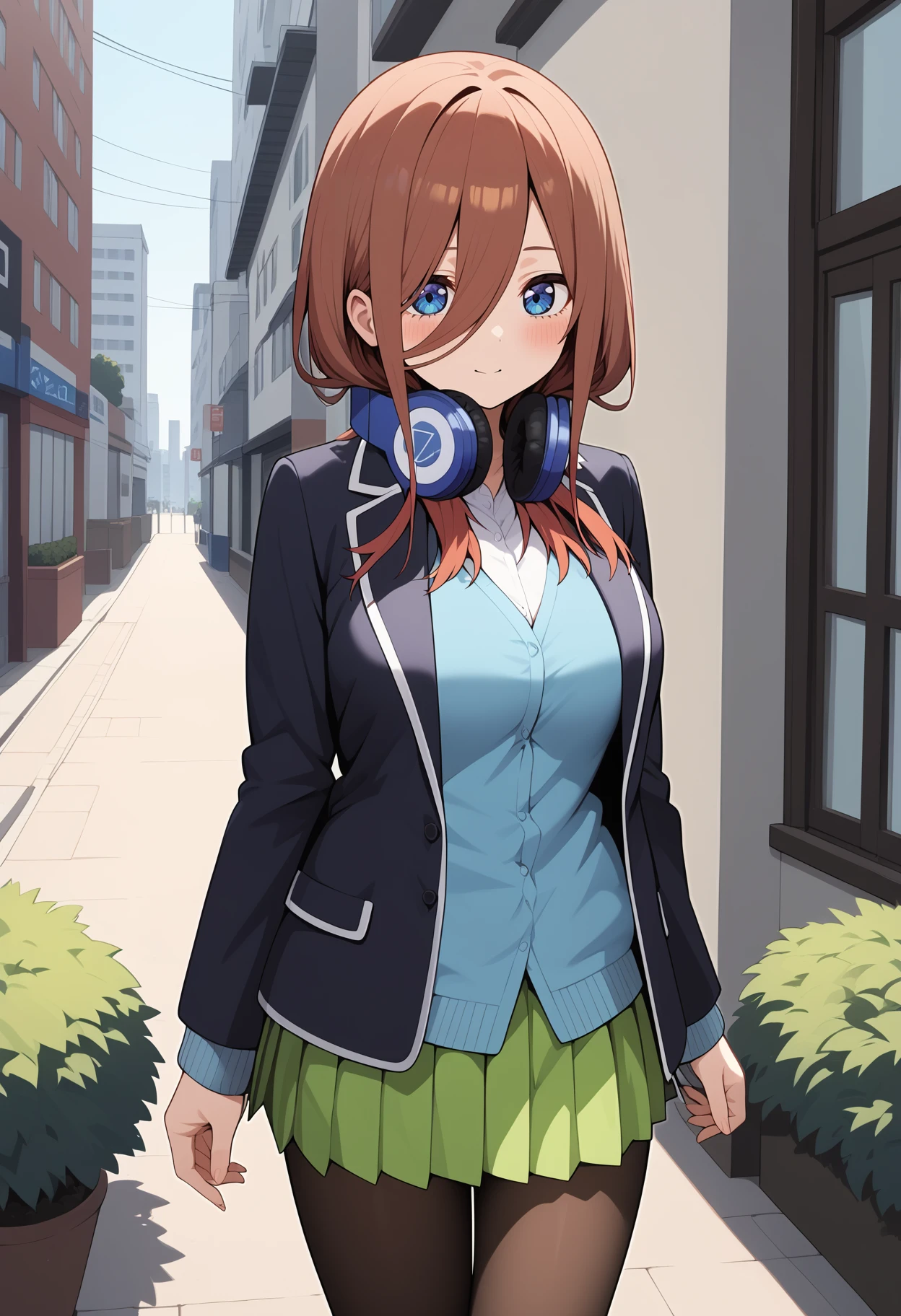 score_9, score_8_up, score_7_up, score_6_up, score_5_up, score_4_up, source_anime, aamiku, long hair, brown hair, blue eyes, headphones, headphones around neck, breasts, white shirt, light blue cardigan, blazer, black jacket, open jacket, long sleeves, pleated skirt, green skirt, black pantyhose, <lora:nakano_miku_ponyxl_v1:0.9>, standing, cowboy shot, outdoors,