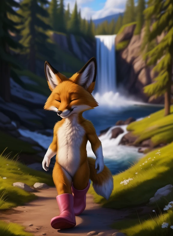 <lora:DonbeSluAraYif:1> DonbeSluAra, fox, red fur, red fur, pink boots, white gloves,  eyes closed, chibi,
[ solo, (nature), forest, day, clouds, waterfall, smiling,]  (walking, view from above,)
(beautiful, aesthetic, perfect, delicate, intricate, saturated colors), masterpiece, digital drawing, best quality,
by silgiriya mantsugosi, [[detailed Chunie lighting ]], [by personalami0.2], by cynicalstarr,