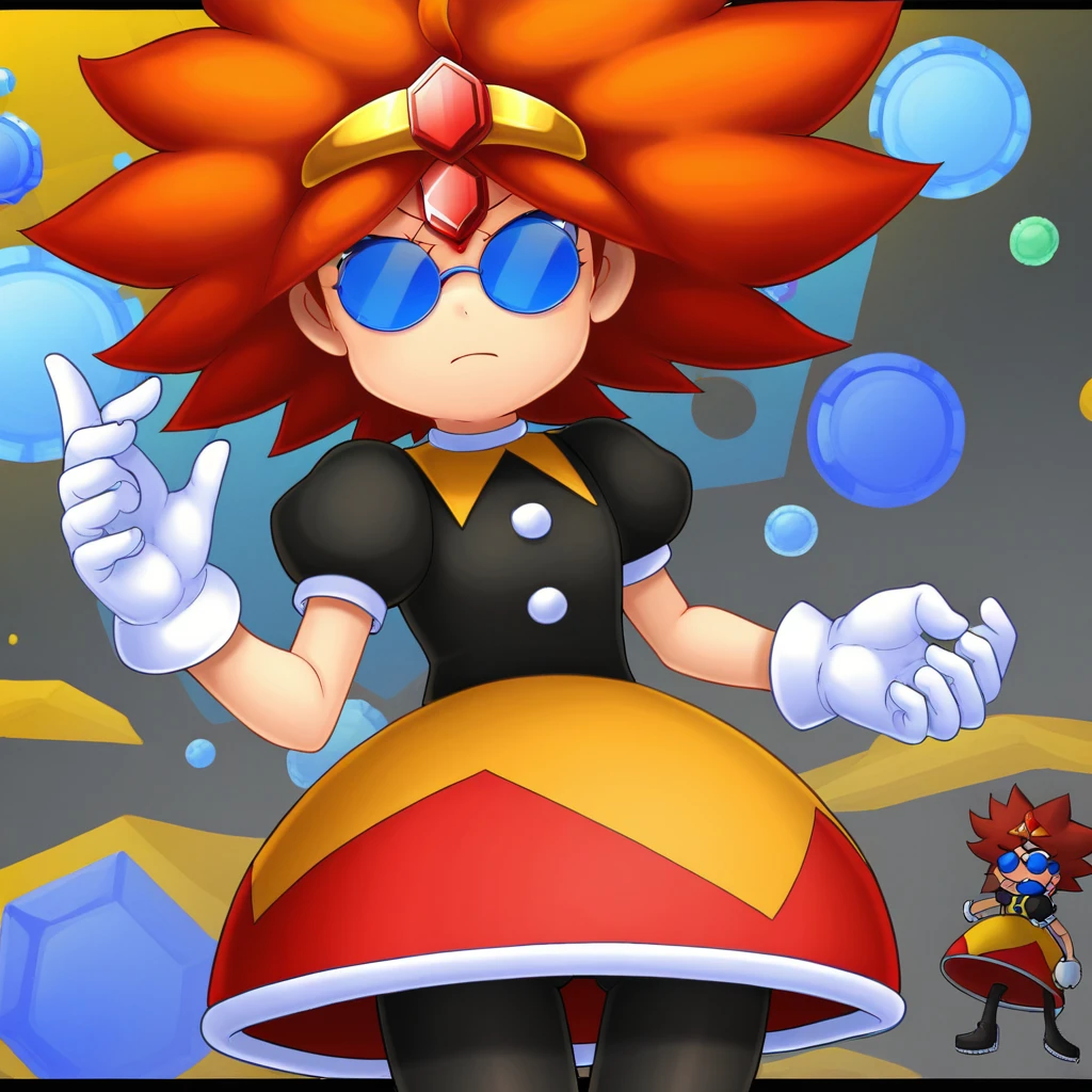 1girl, solo focus, blue eyes, orange hair, short hair, spiked hair, ahoge, round blue-tinted sunglasses, opaque glasses, tiara, forehead jewel, black button shirt, yellow and red skirt, dress, puffy short sleeves, black pantyhose, white gloves, thigh boots,