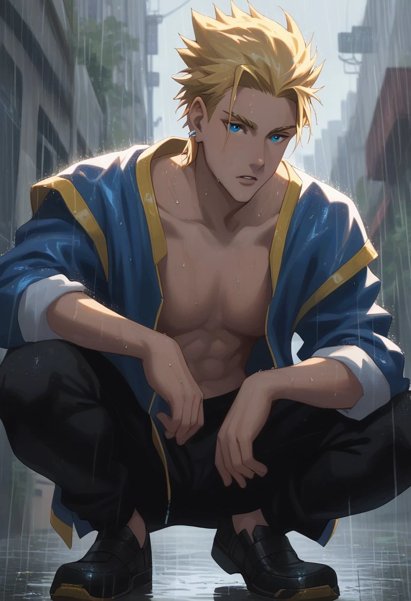 score_9, score_8_up, score_7_up, source_anime, rating_questionable, wet, raining, [AslanTGRS], (blonde_Aslan_hair), grey_earrings, blue_eyes, 1boy, male focus, open jacket, black pants, cyberpunk boy, parted lips, serious, squatting, looking down at viewer, hands with five fingers, blurry outdoors, rain droplets, realistic shading, glint, natural lighting, from below,