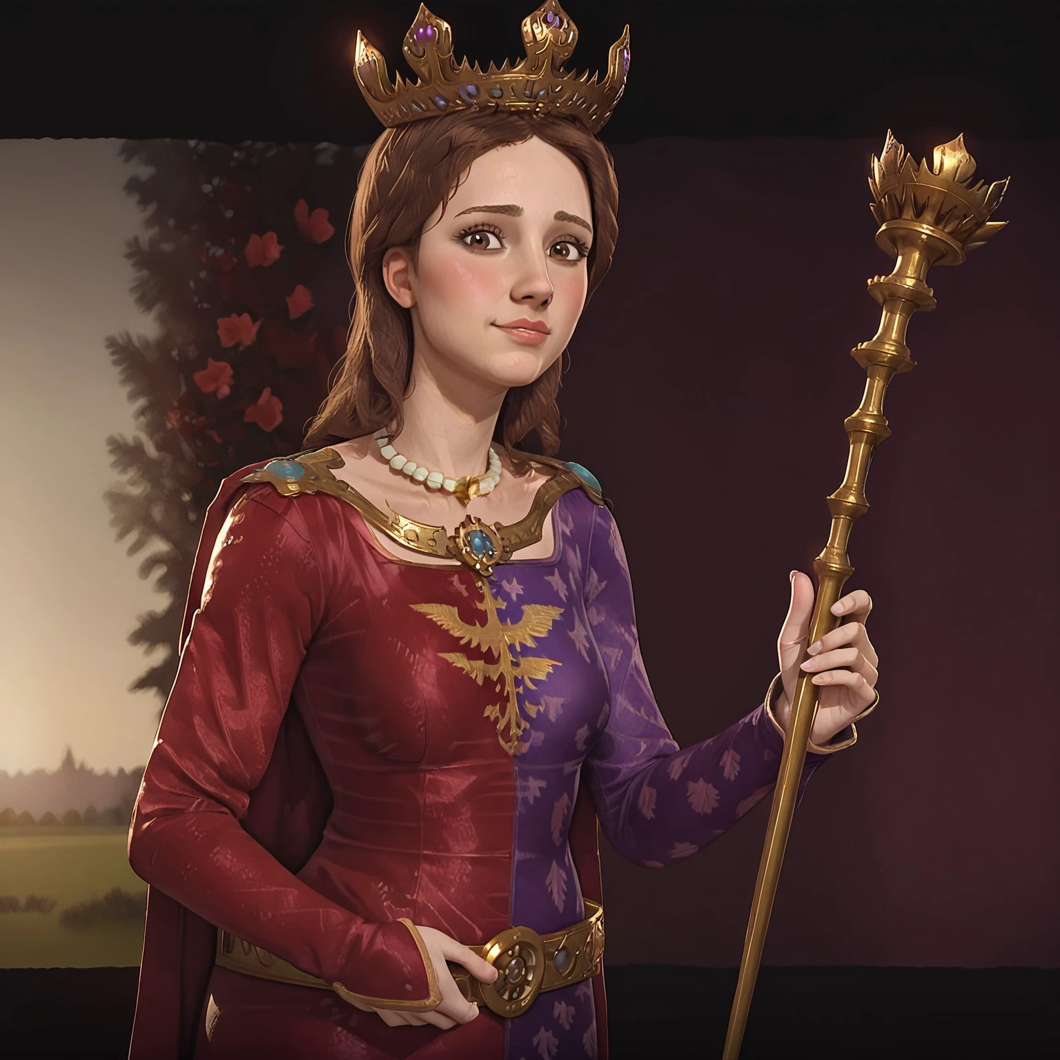 1girl, solo, Jadwiga, crown, brown hair, brown eyes. red and purple dress, proud, gold sceptre, holding gold sceptre