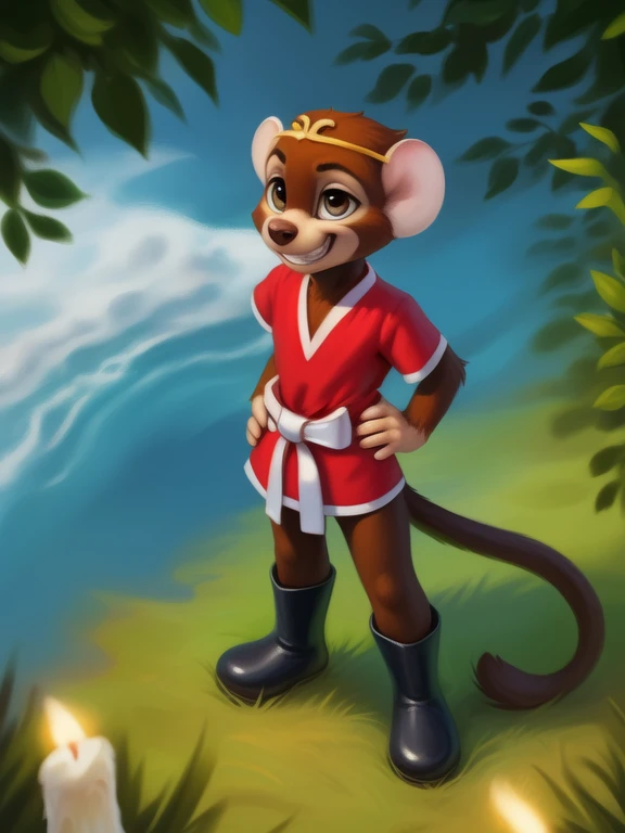 <lora:TezOsaMonBokSonDom:1>  TezOsaMonBokSon, primate, monkey, red shirt, white belt, golden headband, black boots, chibi, 
(solo focus), Looks at the viewer,   ((Hands on hips, standing, high-angle view, grin))
[ large window, day, (nature), forest, grass, day shining, clouds, flowers,  candles,](solo focus),
(beautiful, aesthetic, perfect, delicate, intricate, saturated colors), masterpiece, digital drawing, best quality,
by ulitochka, by taran fiddler, by Silverfox5213, by personalami,