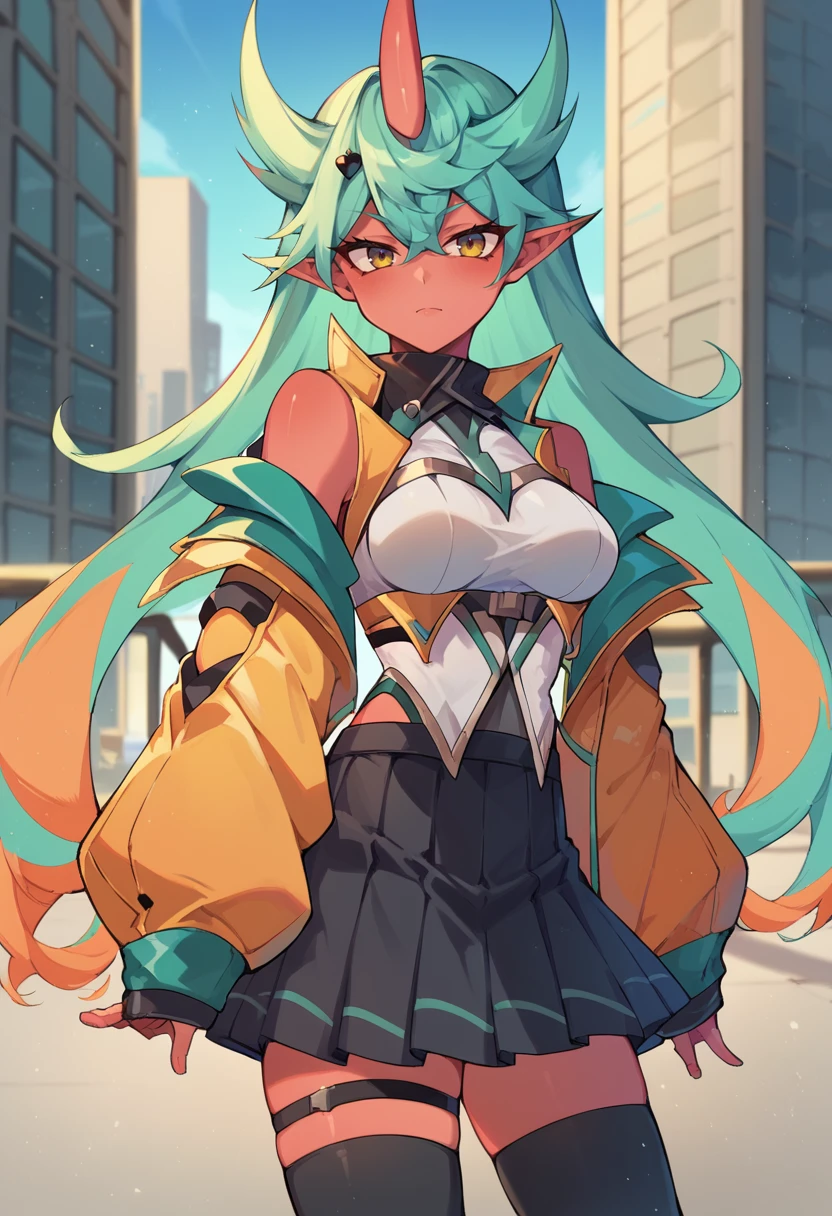 <lora:vyce-05:1>  vyce, long hair, single horn, blue hair, red skin, hair between eyes, pointy ears,  medium breasts, green hair, multicolored hair,  orange hair, black thighhighs, jacket, skirt, skirt cutout, city,, score_9, score_8_up, score_7_up, source_anime,