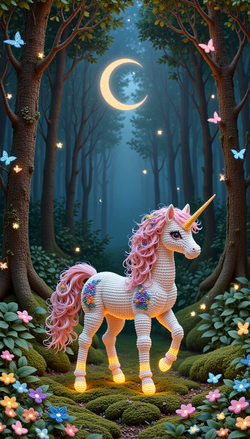 cr0ch3tcut3styl3, crocheted, A fantasy illustration of a glowing unicorn in a moonlit forest, its mane and tail flowing with radiant energy