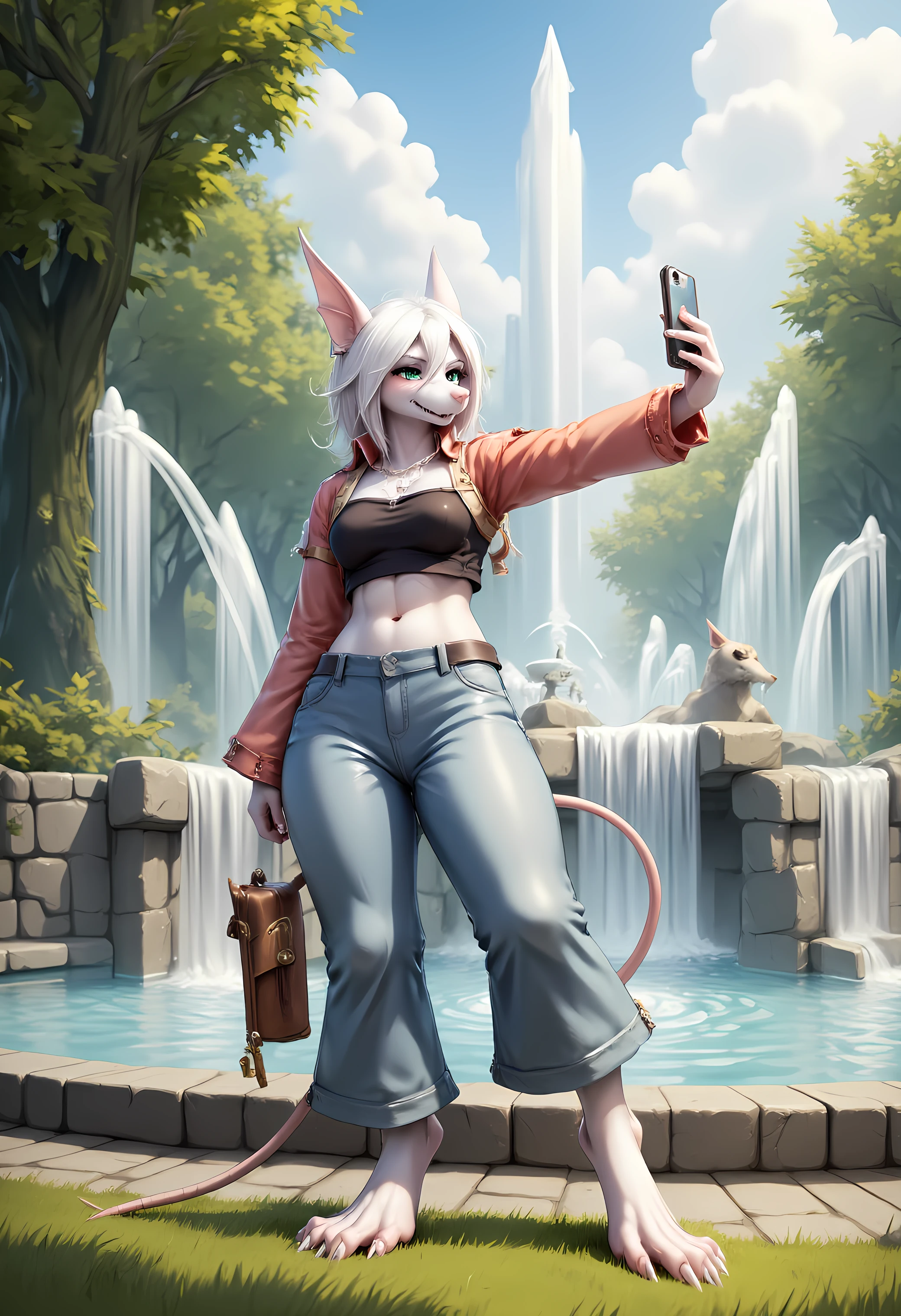 Realistic art of freyac, furry rat girl with white fur, wearing a crop top and jeans. She is taking a selfie next to a large fountain in a park.