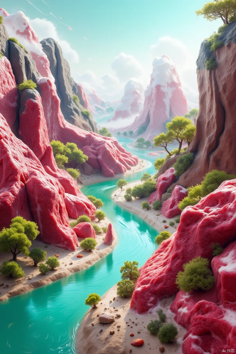 a 3D rendering of a mountain landscape features a river flowing between two large boulders. The river is a vibrant blue-green color
and the river is flowing in a wavy pattern. The boulders are a vibrant shade of red
while the boulders on either side of the river are a darker shade of brown. There are trees and shrubs scattered throughout the landscape
adding a touch of nature to the scene. The sky is a muted blue
with a few white clouds streaming across it.