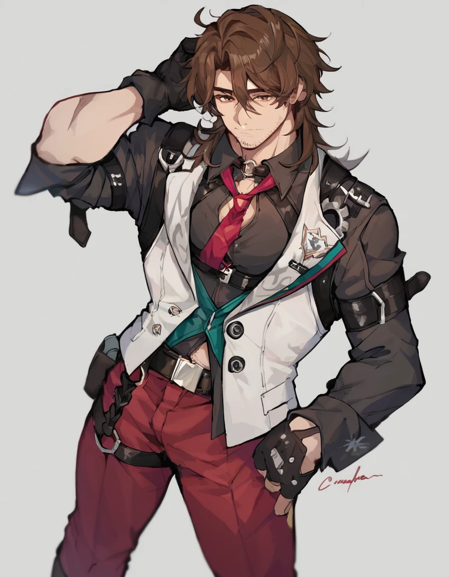 score_9, score_8_up, score_7_up, source_anime, <lora:Gallagher-18:0.8> 1boy, solo, male focus, gallagher, brown hair, hair between eyes, long hair, brown eyes, stubble, facial hair, collared shirt, black shirt, black gloves, red pants, belt, black footwear, <lora:add-detail-xl:1.5>