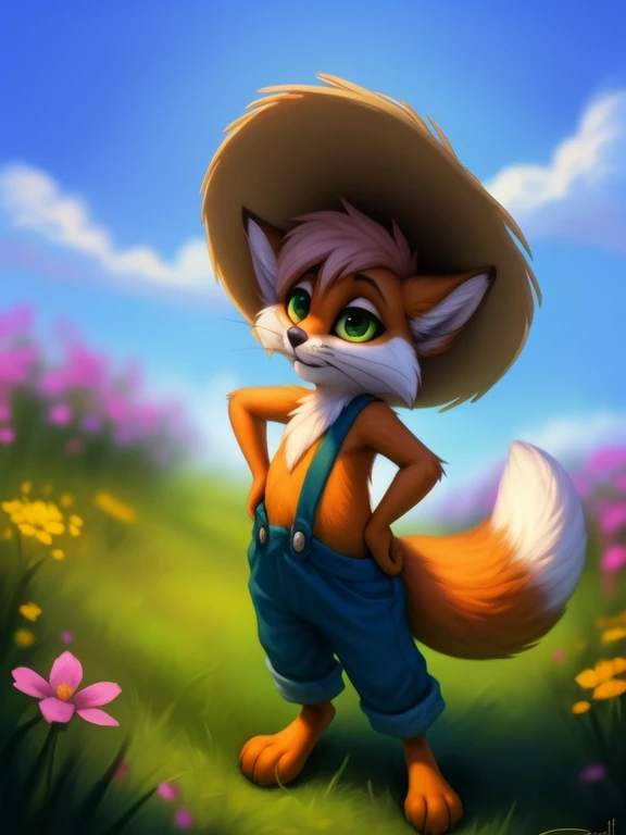 <lora:FoxHucFinDom:1>  FoxHucFin, fox, red fur, green eyes,  white sclera, blue pants with suspenders, no shirt, straw hat,
Looks at the viewer,   ((Hands on hips, standing, hand behind head, high-angle view,))
[ large window, day, (nature), forest, grass, day shining, clouds, flowers,  candles,](solo focus),
(beautiful, aesthetic, perfect, delicate, intricate, saturated colors), masterpiece, digital drawing, best quality,
by ulitochka, by taran fiddler, by Silverfox5213, by personalami,