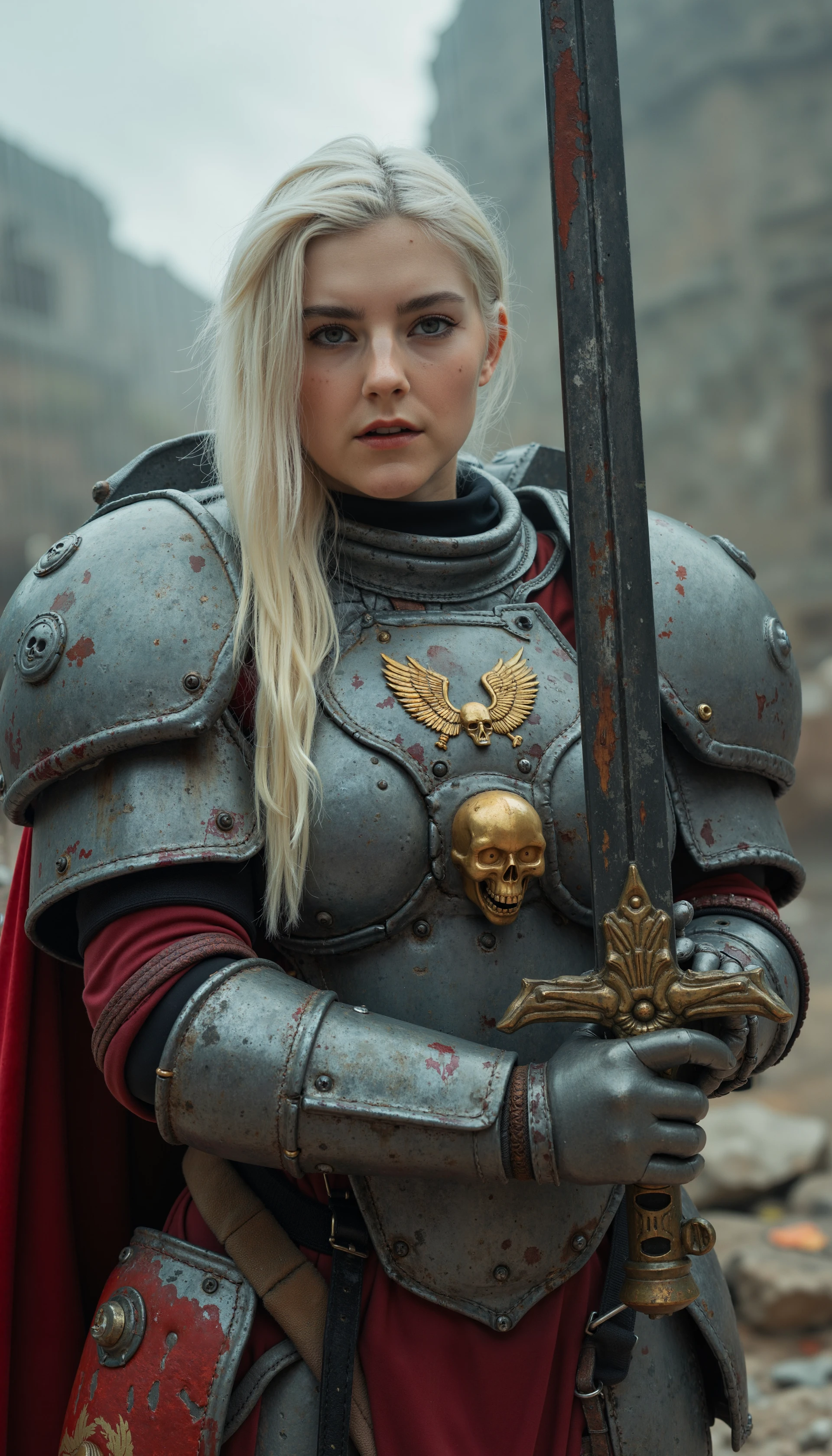 p3r5on woman with pale skin and long, platinum blonde hair photograph, cinematic, rim light, high details, skin pores, sweat, scar,
(wide angle shot),
(giant warrior, angry face, holding a huge sword), 
(Warhammer 40000, Ultramarine, Space Marine armor, huge  shoulder pads,  scar on face bald one blind eye, red cape, gold skull with wings on chest, skull on knee-pad:1.2), 
rust on metal, impacts on armor, holes in armor, leather, bolts, sweat, blood splash, leather belt,
(rocky battle background, smoke, fire, stone ruins, storm, raining),