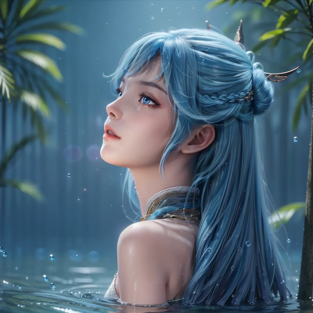 1girl,solo,long hair,blue hair,blue eyes,parted lips,half updo,hair ornament,looking up,from side,(in_water),realistic,Highly detailed,(ultra-detailed),(best quality,masterpiece:1.5),