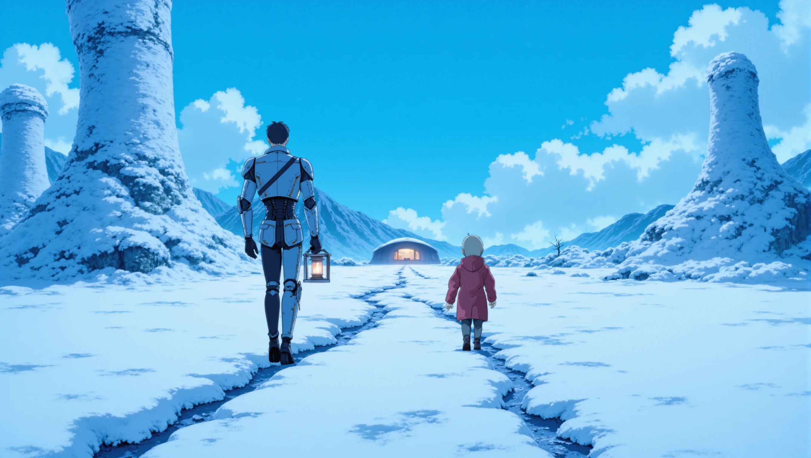 a cozyWallpaper style image of a snowy landscape on a distant planet, with towering ice formations and a soft, blue twilight sky. A humanoid (robot:1.2), designed with a sleek, minimalist aesthetic, is walking alongside a child, who is bundled up in a futuristic winter coat. Theyâre leaving a trail of footprints in the snow as they head toward a small, glowing dome in the distanceâtheir cozy home. The robot carries a lantern that casts a warm light, creating a comforting atmosphere in the cold, alien wilderness. <lora:cozyWallpaper flux_epoch_18:1>