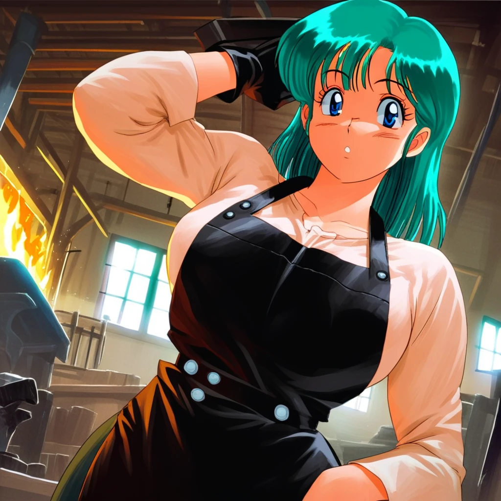 source_anime,  artist style:Urushihara Satoshi, source_hentai, source_dbz, 1woman, looking at viewer, facing viewer, score_9, score_8_up, score_7_up, score_6_up, BL4CKSM1TH, blacksmith, apron, leather, BREAK, 1girl, solo, bulma, milf, large breasts, black_apron, aqua_hair, blue_eyes, perfect face, perfect eyes, sexy, sexy girl, seductive, beautiful eyes, petite body, wide hips, large breasts, posing, dynamic angle, dynamic, workshop, anvil, flames, retro_artstyle