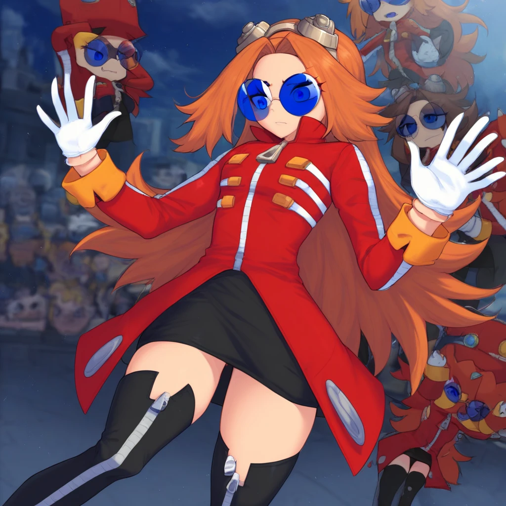 1girl, solo focus, blue eyes, orange hair, long hair, parted bangs, sunglasses, round eyewear, blue-tinted eyewear, goggles, goggles on head, coat, red coat, long sleeves, thighhighs, black thighhighs, white gloves, skirt, black skirt, thigh boots, zettai ryouiki, zipper pull tab,