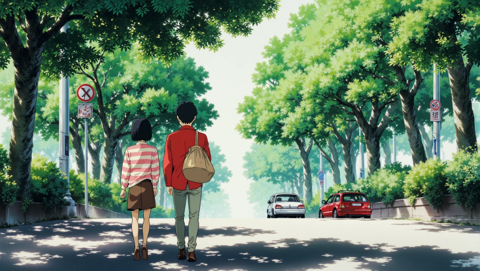 a cozyWallpaper style image of a scene on a tranquil, tree-lined street with dappled sunlight filtering through the leaves. Two characters, a man and a woman, are walking side by side, seen from behind. The man, wearing a red jacket and carrying a beige duffle bag, walks on the right, while the woman, dressed in a pink and white striped top and a brown skirt, walks on the left with a small green purse hanging from her hand. The road is shaded by tall trees, and there are a few parked cars along the sidewalk. Traffic signs are visible in the background, and the overall atmosphere is calm and nostalgic, reminiscent of a quiet afternoon stroll in a suburban neighborhood.  <lora:cozyWallpaper flux_epoch_18:1>