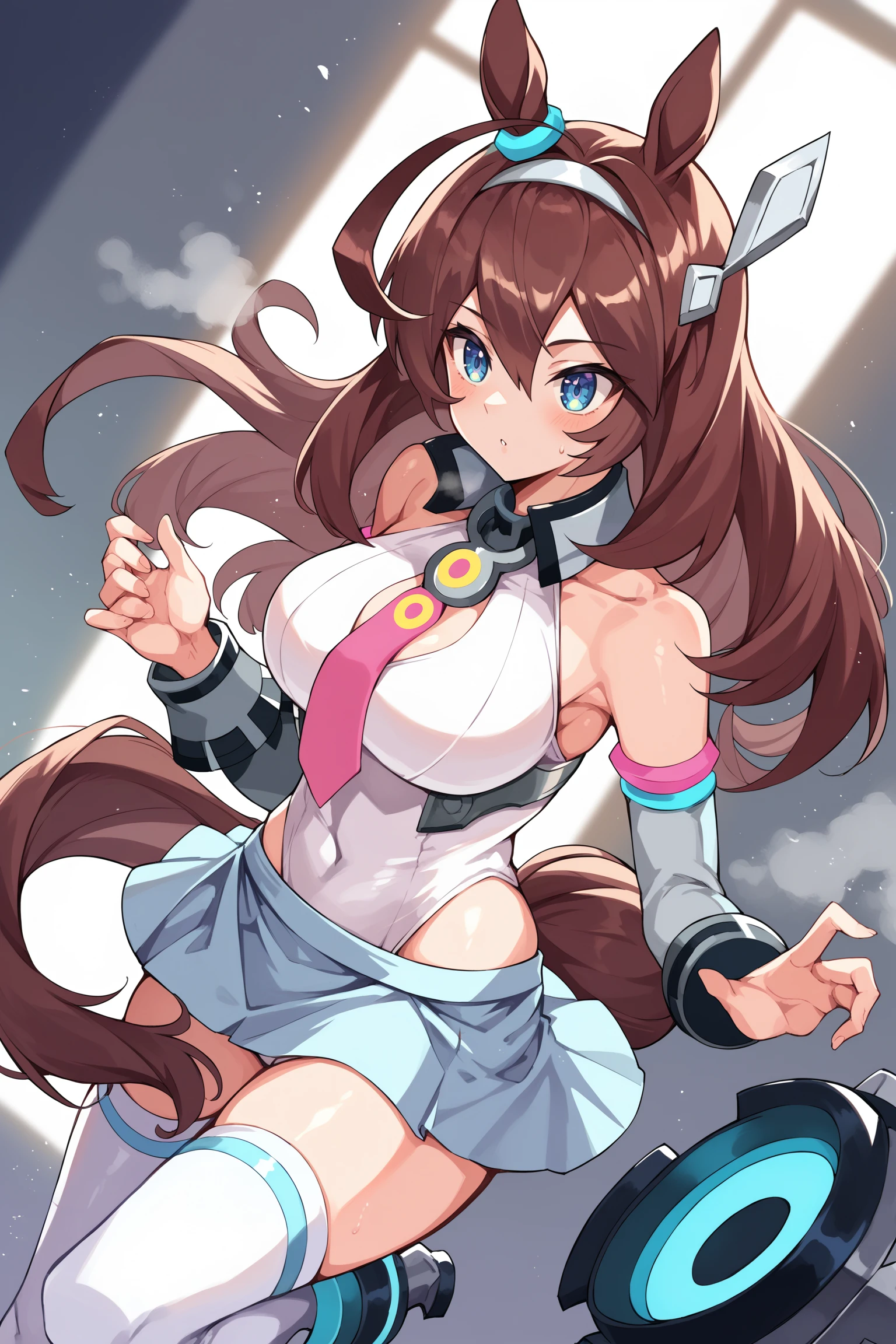 score_9, score_8_up, score_7_up, , rating_general ,1girl ,long hair, ahoge, blue eyes, horse ears, horse tail, hair ornament, ear blue ring, white hairband, horseshoe necklace, pink necktie, collared leotard, white highleg leotard, glowing ring, detached sleeves, lowleg skirt, waist rigging, tail floating ring, white thighhighs, blue anklet, mechanical boots, indoors, source_anime, <lora:MihonoBourbonPDCAMEq5v1 UMA:1>, cowboy shot, abstract, spotlight, alluring, shiny skin, in heat, steaming body ,