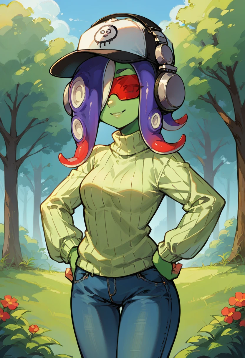 score_9, score_8_up, source_anime, 1girl, solo, Dedf1sh, green skin, tentacle hair, multicolored hair, baseball cap, two-tone headwear, headphones, red-tinted eyewear, outdoors, sweater, ribbed sweater, jeans, hands on hips, smile <lora:ChamDedf1shPonyXL:1>